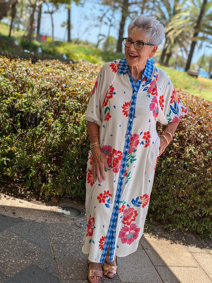 Tropical Hibiscus Maxi Shirt Dress