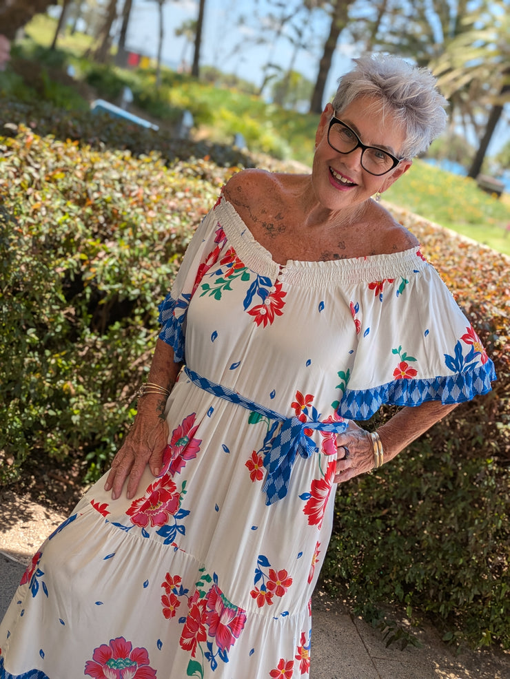 Tropical Hibiscus Off Shoulder Maxi