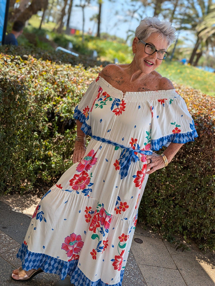 Tropical Hibiscus Off Shoulder Maxi