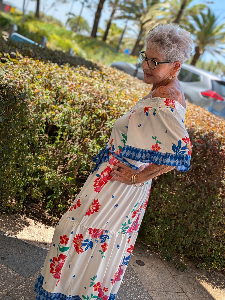 Tropical Hibiscus Off Shoulder Maxi