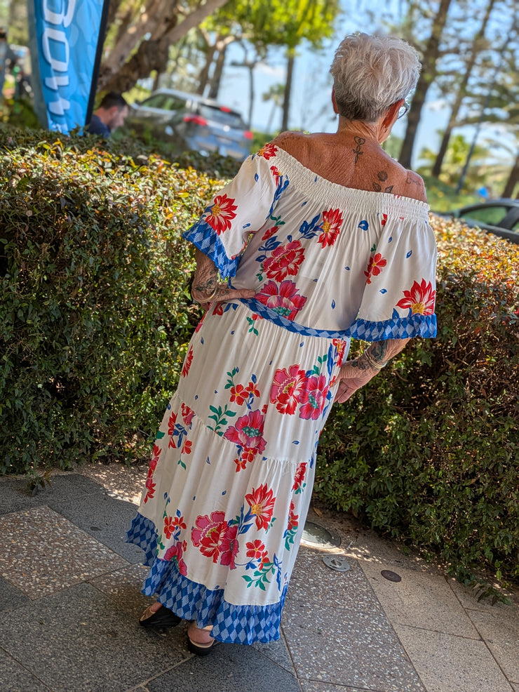 Tropical Hibiscus Off Shoulder Maxi